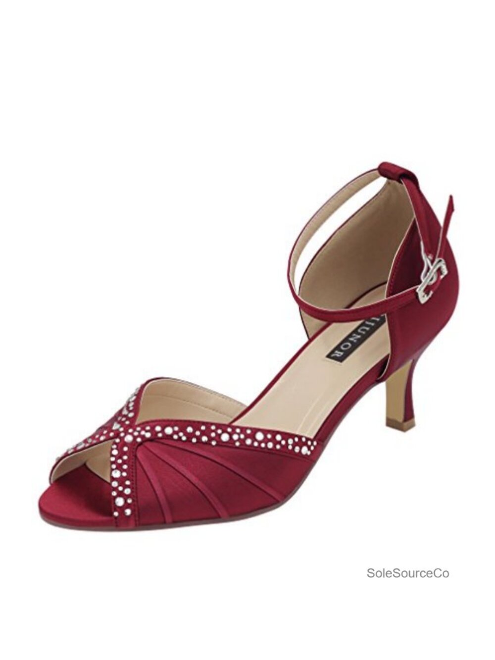 ERIJUNOR Women Low Heel Ankle Strap Rhinestones Pleat Satin Wedding Evening